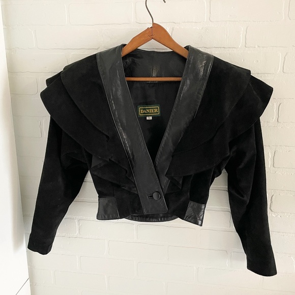 Vintage Danier Y2K Real Leather Jacket Crop Statement ruffled collar Mobwife S - Picture 1 of 12